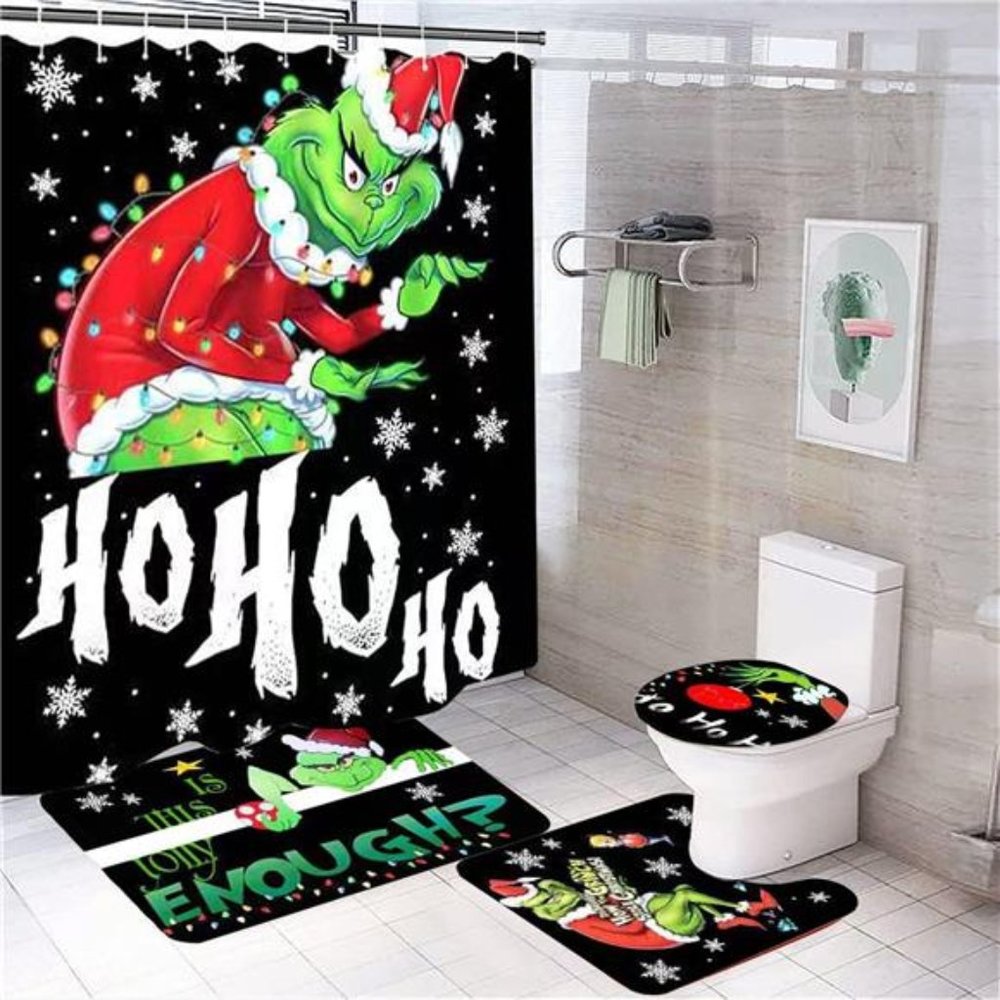 4 Pcs Merry Christmas Bathroom Shower Curtain Christmas Holiday Bathroom Decor